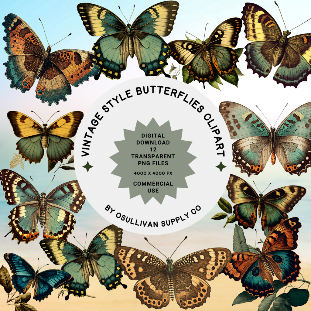 Vintage Style Butterfly Clipart PNG Set 12 Clip Art Commercial | Colorful Butterflies | Butterfly Clipart PNG | Butterfly Illustrations