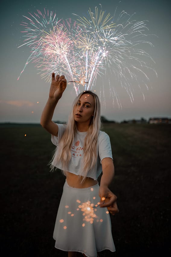 After Example of Fireworks Overlays - Woman with a sparkler