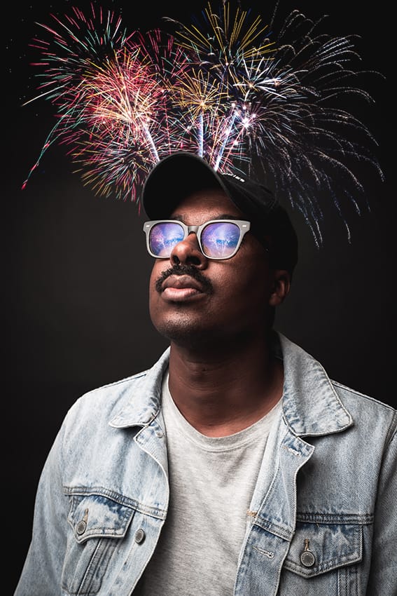 After Example of Fireworks Overlays - Man with fireworks coming out of his head