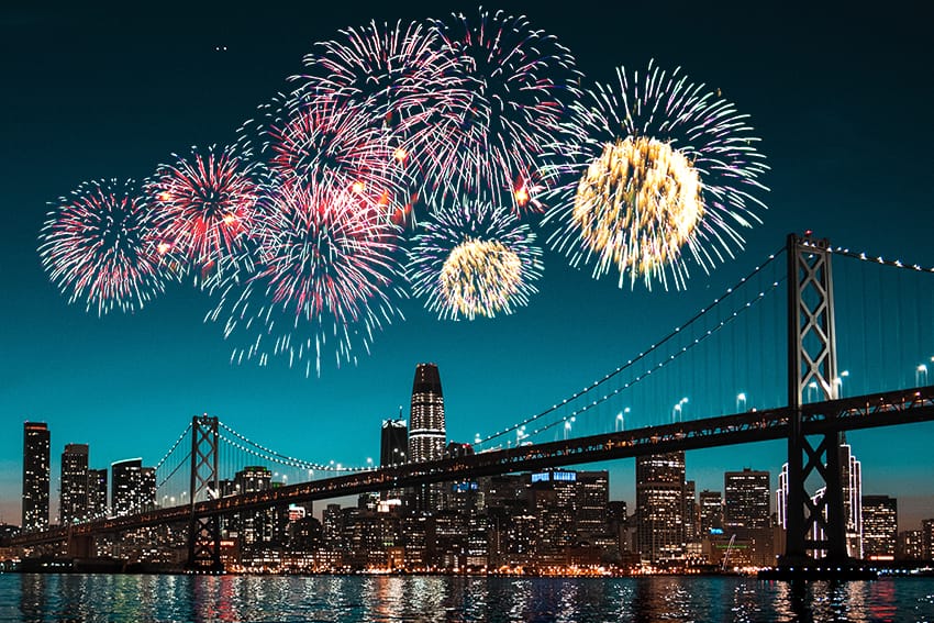 After Example of Fireworks Overlays - Cityscape with fireworks in the sky