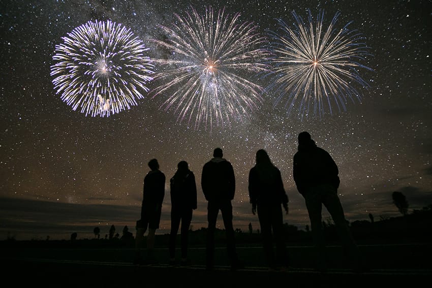After Example of Fireworks Overlays - Group of friends looking at the night sky with fireworks